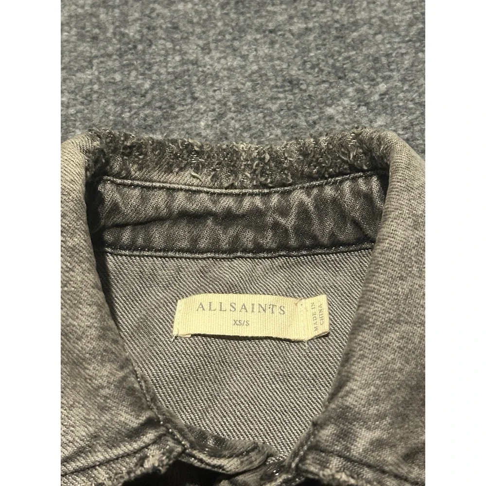 Allsaints Men's XS/S Black Denim Snap Button Shacket Trucker Distressed Frayed
